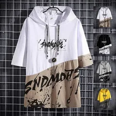 メンズ 半袖パーカー パーカー プルオーバー フード付き 五分袖 Tシャツ ファッション お兄系 夏物