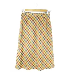 マーガレットハウエル MARGARET HOWELL ミモレスカート ロング セミフレア リネン 麻 チェック 総柄 2 M ベージュ /AO25 ■GY99