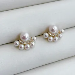 あこや本真珠 テリ抜群 K18ピアス 3.5-4/6-6.5mm ダイヤモンド