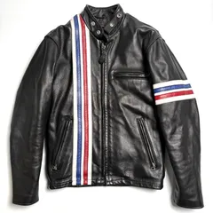 【米国製】Schott レザー ライダースジャケット 黒 トリコロール 36 馬革 シングル 本革