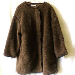 CLASSICAL ELF クラシカルエルフ レザー調パイピングミドル丈ノーカラーロングボアコート ブラウン Lサイズ ◇〇