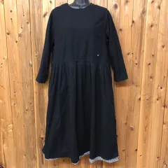 Sunny clouds サニークラウズ フェリシモ レディースMP 長袖 ロングワンピース 黒×チェック柄 プリーツスカート ワンポイント  メガネ 刺繍 コットンワンピース 綿100% カジュアル