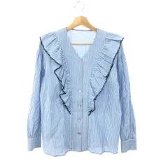 JUSGLITTY ジャスグリッティー 刺繍ラッフルブラウス サイズ:2 ストライプ/長袖   コットン100％ ブルー レディース / 240001176066