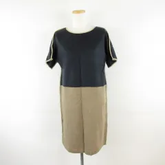 グリーンレーベルリラクシング ユナイテッドアローズ green label relaxing ミニワンピース フレンチスリーブ バイカラー 紺 ベージュ F *A593