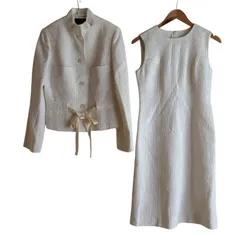 ZM1677 【美品】LANVIN COLLECTION ランバンコレクション ツイード風 セットアップ ジャケット＆ワンピース アイボリー リボン付き フォーマル レディース 38/36 サイズ