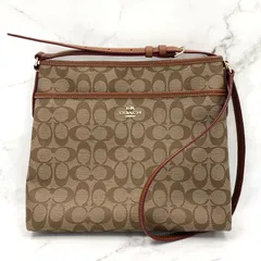 【コンパクト/美品】COACH コーチ シグネチャー 斜め掛け ファイルバッグ ブラウン ベージュ クロスボディ 鞄 ショルダーバッグ 当店基準真贋確認済
