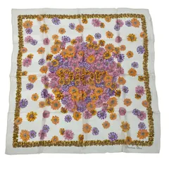 未使用品 Christian Dior クリスチャン ディオール スカーフ シルク 花柄 地紋入り ホワイト