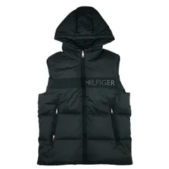 美品★TOMMY HILFIGER・トミーヒルフィガー メンズ ラバーブランドロゴ フード付き フルジップ 中綿入りベスト(S/M相当)メンズベスト アウター 冬物 カジュアル ブランド ブラック