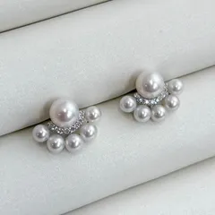 あこや本真珠 テリ抜群 Pt900ピアス 3.5-4/6-6.5mm ダイヤモンド