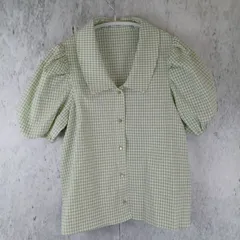 グリーンチェック バルーンスリーブシャツ 半袖 Mサイズ □〇