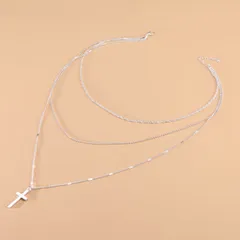 多重チェーン クロス 十字架 シルバーネックレス シンプル レイヤード風