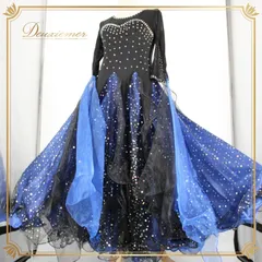 社交ダンス 衣装 スタンダード ドレス ワンピース パーティ衣装 オールシーズン ラインストーン 黒 青 ブルー系 ブラック系 派手 華やか 二重スカート フロート付き シルエット ラインストーン キラキラ チョーカー 軽やか おしゃれ 上品 競技用