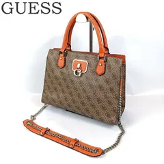 良品 GUESS ゲス 総柄 2WAY ハンドバッグ ショルダーバッグ クロスボディ 斜め掛け トート チェーンショルダー ブラウン×オレンジ系 3室