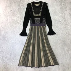 Plum design プラムデザイン 編み柄 切り替え プリーツ ニット ワンピース ブラック パープル 1サイズ 〇◇