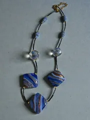 【良品】ムラーノグラス MURANO GLASS ベネチアンガラス ネックレス ブルー マーブル柄 四角ビーズ 上品デザイン