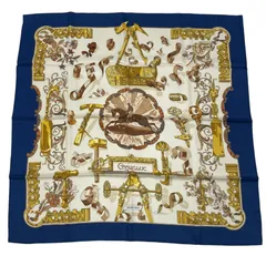 美品 HERMES エルメス スカーフ シルク カレ90 Copeaux おが屑 馬柄 工具  ベージュ ネイビー ｘ ホワイト