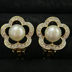 【良品】BALMAIN バルマン PARIS ヴィンテージ イヤリング パール×ラインストーン フラワーデザイン