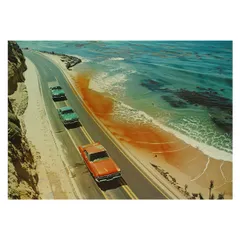 【A3サイズ（約30×42cm）】【lh-poster-3504】【フレーム付き】海岸線 マッスルカー ノスタルジック レトロ 古い 海系 サーフ ポスター 波 ビーチ 海岸 オーシャン ブルー 景色 サーフィン インテリア アート