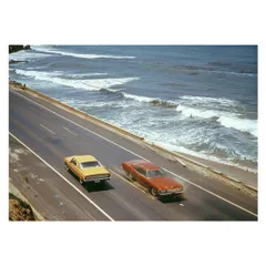 【A3サイズ（約30×42cm）】【lh-poster-3516】【フレーム付き】海岸線 マッスルカー ノスタルジック レトロ 古い 海系 サーフ ポスター 波 ビーチ 海岸 オーシャン ブルー 景色 サーフィン インテリア アート