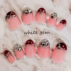 キラキラビジューネイル ピンク×ボルドー グラデーション [Ato078]