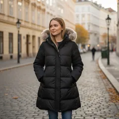 Tory Burch トリーバーチ ダウンコート 袖刺繍 コヨーテファー付き XS ブラック