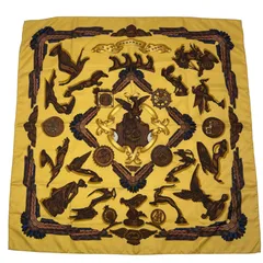 美品 HERMES エルメス カレ90 スカーフ シルク LES PARURES DU VENT 風の装い ゴールド