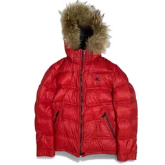 BURBERRY BLACK LABEL バーバリーブラックレーベル ノバチェック ダウンジャケット ファー付き ホース刺繍 Lサイズ 00s y2k レッド 赤