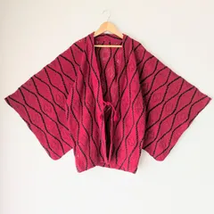 Japanese Vintage Haori Red Geometrical pattern Kimono Jacket 茶羽織 赤 黒 立涌模様 透かし編み 昭和レトロ 一点物 大正浪漫 和洋折衷