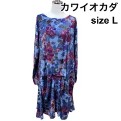 ◆ 未使用 kawai okada カワイオカダ ワンピース 長袖 ボートネック 膝丈 タグ付き ベロア調 花柄 ブルー系 L 11号 レディース H5Z014