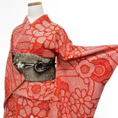 振袖　総絞り　朱色　菊花　梅花　花模様　着物　122 p ms