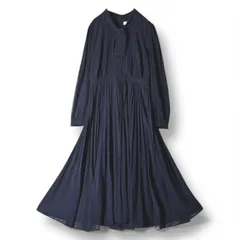 極美品 CELFORD セルフォード シアーチェックボウタイワンピース ロング フレア プリーツ Aライン 紺ネイビー36