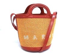 MARNI マルニ ハンドバッグ トロピカリア スモールバスケット オレンジ系 コットン ナイロン レザー レディース 2WAY 美品【本物保証】 MARNI マルニ ハンドバッグ トロピカリア スモールバスケット オレンジ