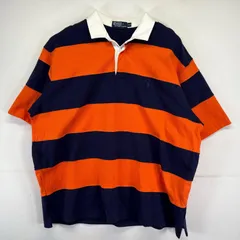 古着 ポロバイラルフローレン Polo by Ralph Lauren 半袖 ポロシャツ ラガーシャツ ボーダー柄 ワンポイントロゴ刺繍 2XL  ネイビー メンズ