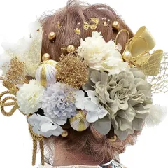 [SOMILA] 髪飾り 卒業式 成人式 和装 振り袖 着物 和風 結婚式 七五三 ダリア カスミソウ アジサイ 水引 組紐 和玉 ゴールド パーティー お正月 花火大会 (グレー) 1