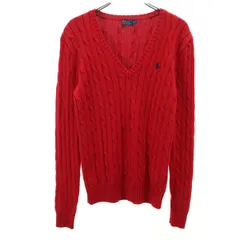 美品 POLO RALPH LAUREN ポロラルフローレン 長袖 Vネック ケーブル ニット M レッド セーター レディース 古着