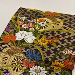 袋帯 金彩 花車に美しい草花 上品な加工 正絹 MA-2321