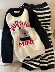 韓国風もこもこルームウェアセット|ボーダー柄 テディベアデザイン レディース 部屋着 秋冬 保温パジャマ 長袖 上下セットモコモコ qd1214