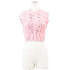 PRADA プラダ クロップドニットベスト 2022年製 コットン100% ローゲージ ケーブル シグネチャー トライアングル 三角 パッチ ショートレングス 短丈 トップス レディース サイズ 36 ライトピンク イタリア製