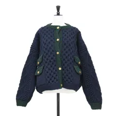 JOURNAL STANDARD ジャーナルスタンダード カーディガン ネイビー グリーン 紺 サイズ:FREE | アラン編み ハンドニット カーディガン | クルーネック 長袖 オーバーサイズ 配色 金ボタン ウール【レディース】【中古】