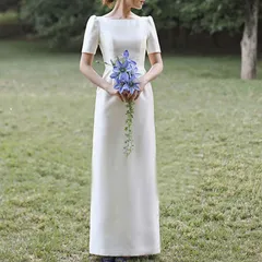 【新品・未使用】 ウエディングドレス 二次会 花嫁 前撮り ウェディングドレス 半袖  ロングドレス タイト 結婚式 エレガント 白 シンプル リゾート ワンピース