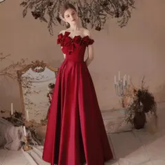2025新作ワインレッド 一字肩敬酒服 エレガントな長款イブニングドレス 宴会・司会者用 XS-4XL