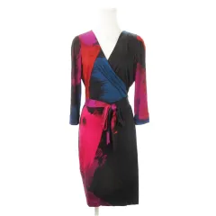 ダイアンフォンファステンバーグ DIANE von FURSTENBERG ワンピース カシュクール ミモレ ロング 七分袖 絹 シルク ストレッチ リボン 総柄 6 M 赤 レッド ピンク /AH21 ■GY44のサムネイル