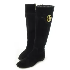 トリーバーチ TORY BURCH ロングブーツ スエード ローヒール ラウンドトゥ ロゴ ゴールド金具 6.5 M 23.5cm 黒 ブラック /CK15 ■GY17