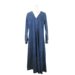 ザラ ZARA デニムワンピース ロング Vネック 長袖 切替 カットオフ 小さいサイズ XS 青 ブルー /MN9