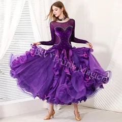 【新品未使用】豪華モダンドレス 紫 ワルツダンスドレス ステージ衣装 ロング丈 シースルー袖 フリル ボリュームスカート ビジュー装飾 演出用 社交ダンス衣装 レディース コスチューム 撮影用 ハロウィン イベント用 豪華ドレス CWF1205P434