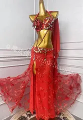 【新品未使用】ベリーダンス オリエンタル衣装 レース レッド ブラスカート オーダーメイド CWF1205P081