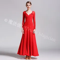 【新品未使用】モダンダンスドレス S9007 長袖 Vネック ロングドレス 牛乳シルク素材 社交ダンス ワルツ パーティードレス ブラック レッド ブルー グリーン ステージ衣装 撮影会用 コスチューム イベント用 レディース CWF1205P519