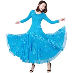 【新品未使用】【競技会用】社交ダンスドレス 長袖 社交ダンス 練習着ワンピース（ワルツ/タンゴ兼用） フレアスカート ショートスリーブ プロ仕様 大人女性 CWF1205P614