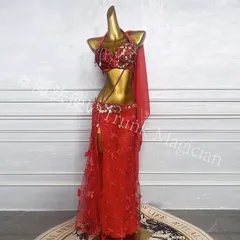 【新品未使用】ベリーダンス オリエンタル衣装 薔薇 レッド ブラ スカート オーダーメイド レッド CWF1205P001