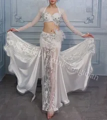 【新品未使用】ベリーダンス オリエンタル衣装 羽根 セットアップ ホワイト オーダーメイド CWF1205P132